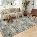 Washable Rugs 8 x 10 Area Rugs for Living Room Bedroom Non-Slip Vintage Floral Print Throw Rugs with Rubber Back Stain Resistant Low Pile Large Dining Room Rug for Under Table, Gray/Camel