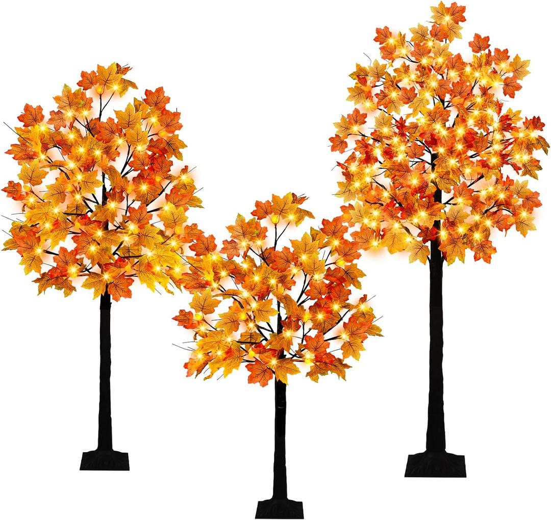 Krissing 3 Pack Light Up Fall Tree, 4Ft, 5Ft, 6Ft Artificial Lighted Fall Maple Tree with Lights Fake Autumn Maple Tree for Fall Home Indoor Outdoor Thanksgiving Fall Decor (Orange)
