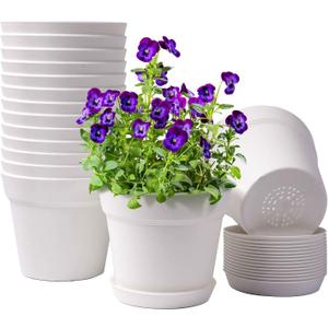 homenote Pots for Plants, 15 Pack 6 Inch Plastic Planters with Multiple Drainage Holes and Trays,Plant Pots for All Home Garden Flowers Succulents (White)