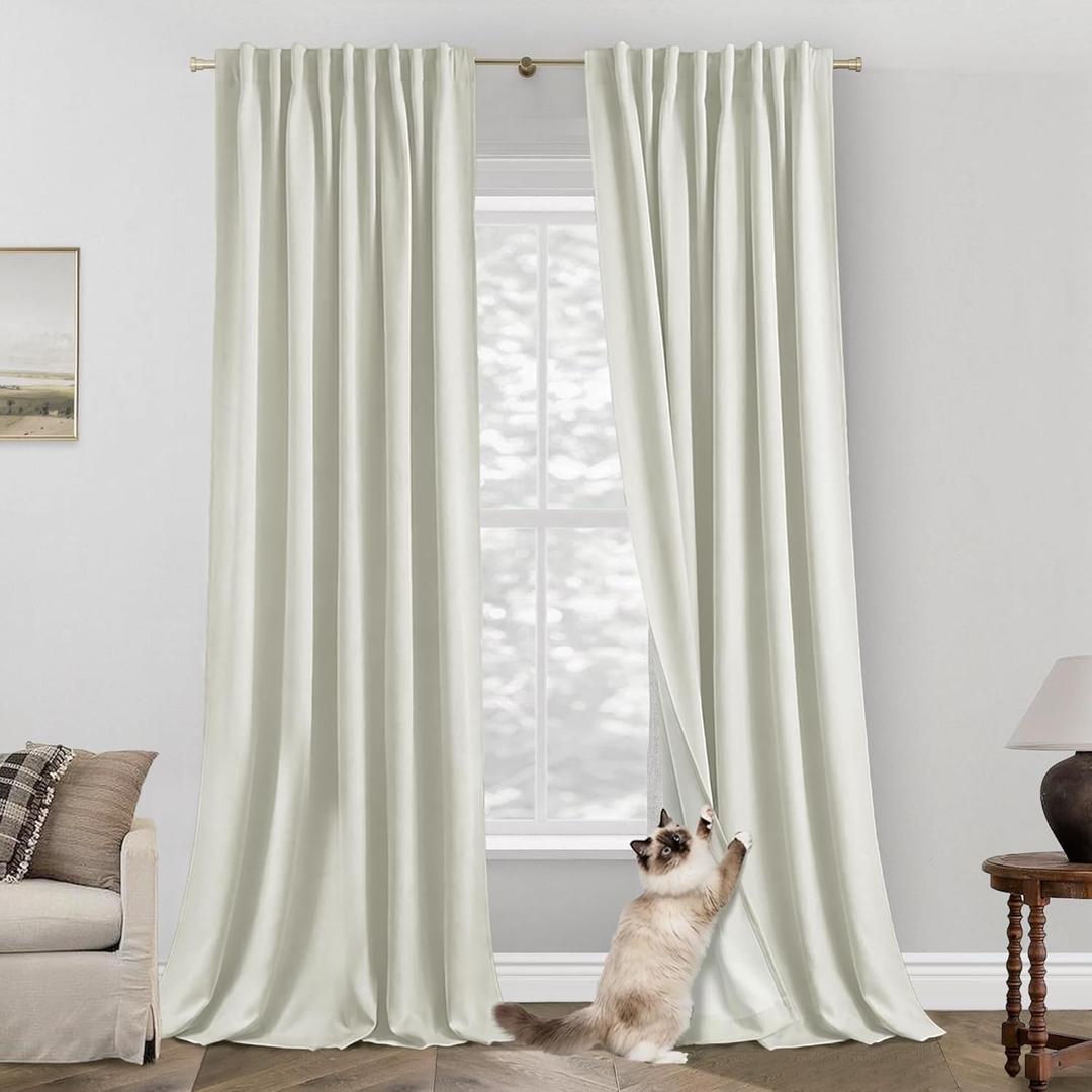 Brushed Blackout Curtains 96 Inch Long 2 Panel Set - Smooth & Refined Fabric with Elegant Pleated Drapes to Black Out Light & Thermal Insulated for Living Room Bedroom, Cream Ivory