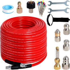 Sewer Jetter Kit for Pressure Washer 150FT, 5800PSI Drain Cleaner Hose 1/4 Inch NPT Corner with 5 Sewer Jetting NozzlesWaterproof TapePearl Corsage Pin & 2 Spanners (Red)
