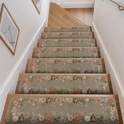 OJIA Floral Stair Treads Non-Slip Stair Runners for Wooden Steps Indoor 15PCS 30"x8" Carpet Stair Treads Mats Staircase Step Treads for Kids, Elders and Dogs, Stair Covers, Brown