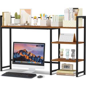 Snughome Desk Shelf, 44.9" Large Desktop Organizer Shelf, Desk Hutch for Computer Monitor, 4 Tier Desk Top Display Rack, Wood Desktop Bookshelf Storage Rack for Home Office Dorm (Rustic Brown)