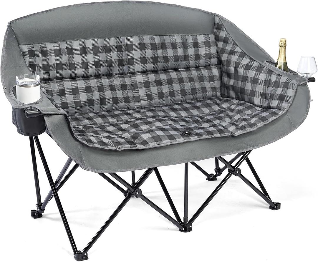 Double Camping Chairs Padded Loveseat Chair for 2 Person - Heavy Duty Oversized Camping Couch for Adults Outdoor Lawn Beach Portable Folding Sofa with Cup Holders Support 600lbs, Grey