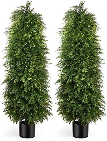 YEMMEN 2 Pack 3ft Artificial Cedar Topiary Trees, Outdoor Artificial Plants for Front Porch Décor, Artificial Shrubs Fake Plants Uv Rated Potted Plants for Outdoor, Indoor, Front Door, Office.