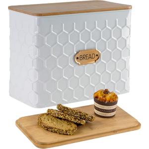 Extra Large Bread Box for Kitchen Countertop Corner Breadbox for Homemade Bread Metal White Honeycomb Pattern Embossed Bread Storage Container Bin with Bamboo Lid Fits 2 Loaves of Bread
