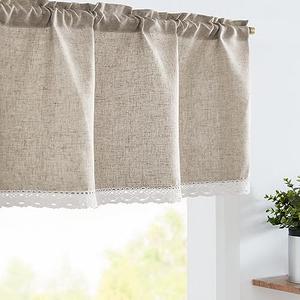 jinchan Linen Valance with Lace Trim Farmhouse Rustic Valance Curtain for Window 16 Inch Small Window Treatment for Living Room Dining Room Semi Sheer Light Filtering Rod Pocket 1 Panel Taupe