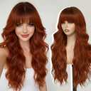 Long Ginger Wigs with Bangs 26Inch Wavy Curly Hair for Women Tangle Free Soft Natural Looking Wig for Daily Party Use