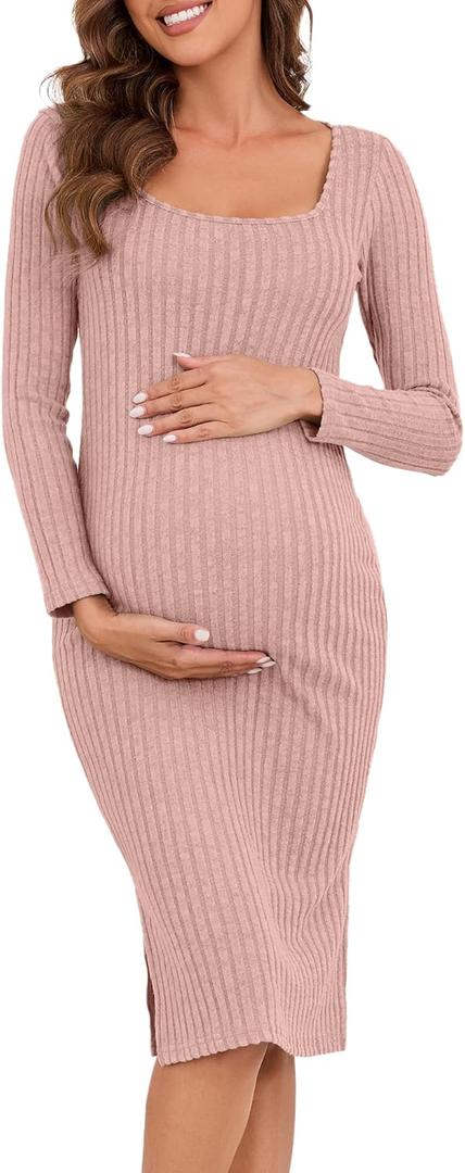 Long Sleeve Maternity Sweater Dress for Fall Winter, Knit Ribbed Maternity Bodycon Dress (Large, Pink)