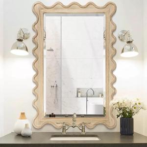 JJUUYOU Wood Mirror Large Rustic Wavy Mirror 28"x20" Decortaive Wall Mounted Mirror Horizontal or Vertical Hanging for Bathroom Bedroom Living Room Makeup