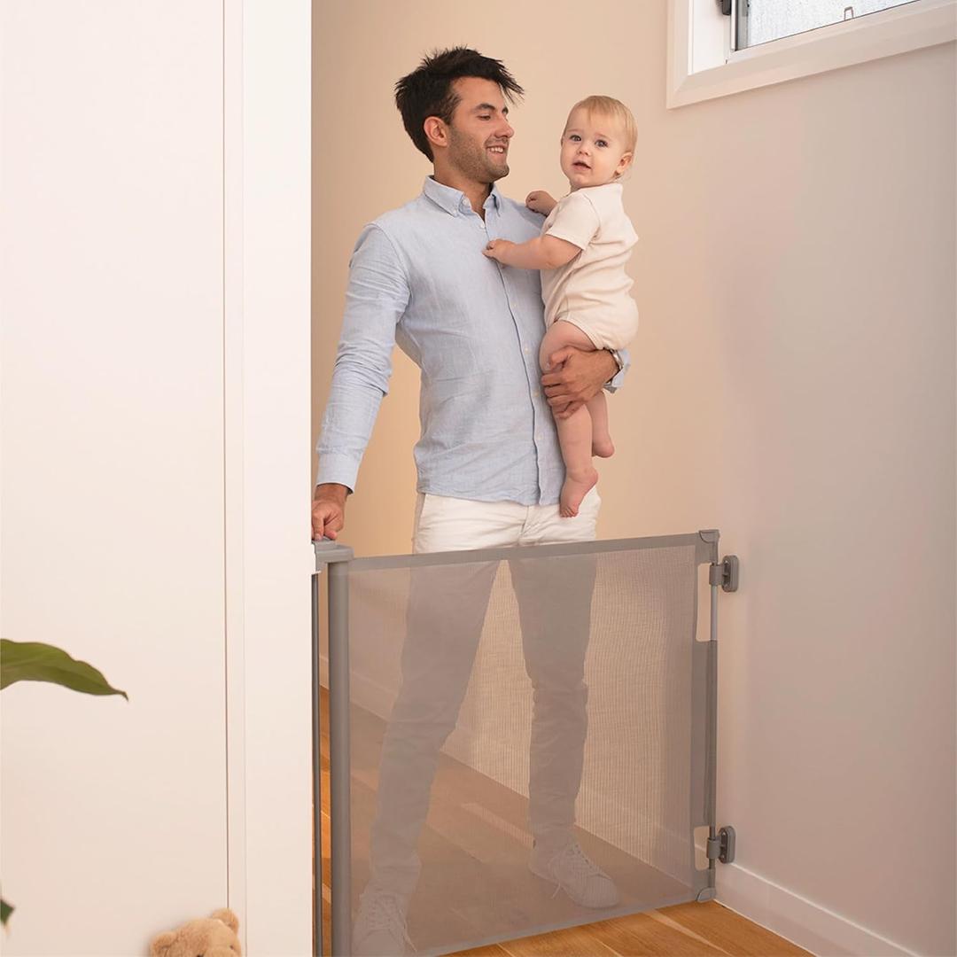 Retractable Baby Gate Perma Child Safety 33" Tall x 55” Wide, Mesh, for Stairs, Doorways, Dogs, Pets, Indoor, Outdoor, One-Handed Operation, Locking, Easy Install, Hardware Mount, Gray