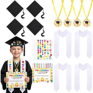 Wehhbtye 24 Pcs 2026 Preschool Kindergarten Graduation Cap Stole Iron on Letter Set, Preschool Graduation Cap Stole Decoration Includes Iron on Letters Certificate Medal for Kids Students DIY Craft
