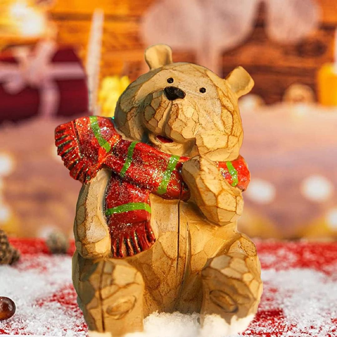 Christmas Brown Bear Statue Decorations for Home, Christmas Wooden Bear Figurine Decor Perfect for Office Tabletop & Gift for Friends, Unique Lovely Bear Holiday Decoration, 5.12 Inch