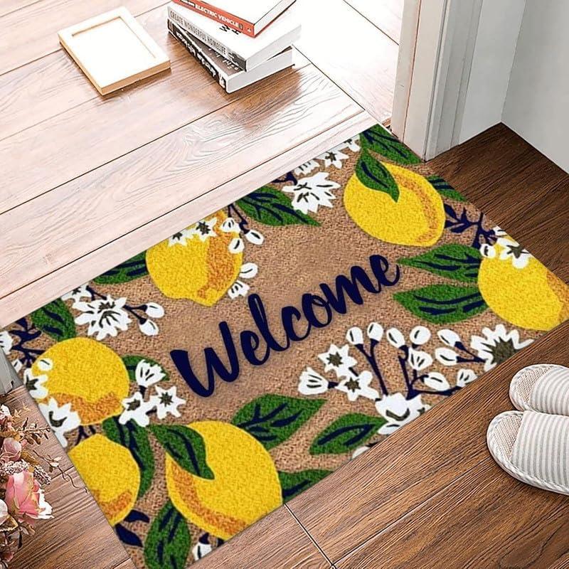 Door Mat Cute Lemons with Flowers Welcome Non-Slip Mats Funny Summer Spring Doormat Indoor Outdoor Decor for Bathroom Kitchen Front Porch Rugs Home Decoration Entrance 16 * 24in/40 * 60cm