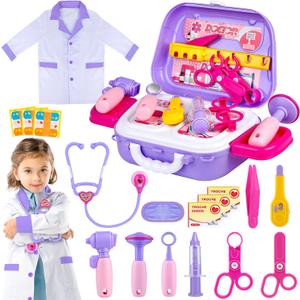 GIFTINBOX Kids Doctor Kit for Girls and Boys , Purple Doctors kit for Kids 22 Pieces Pretend Play Medical Toys Set with Roleplay Doctor Costume and Carry Bag for Little Girls-B