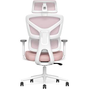 Ergonomic Office Chair, High Back Mesh Desk Chair with 4-Position Height Adjustable Back, 3D Armrests, Adaptive Lumbar Support, 3-Level Tilt Function, 3D Headrest, Comfy Computer Gaming Chairs (Pink Mesh White Frame)