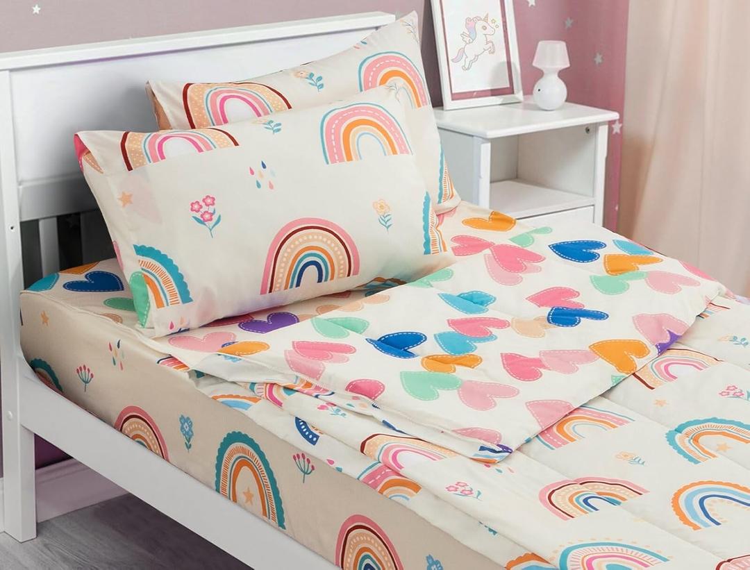 Meeting Story 3-Piece Kids Comforter Set - Twin Zipper Bedding for Girls, Rainbow Comforter with Flower Pattern (Beige)
