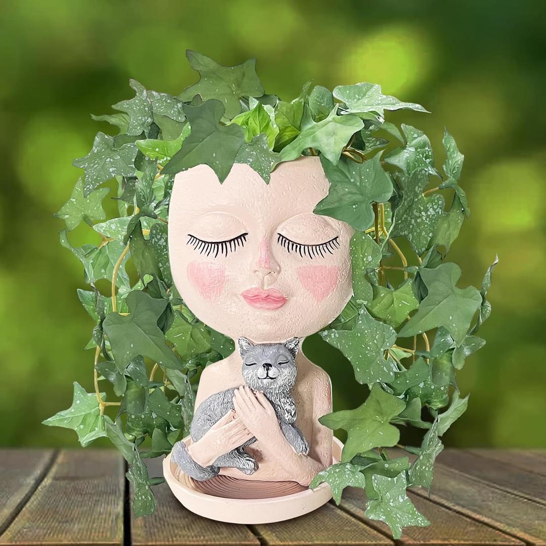 Face Plant Pots Head Planters - Face Flower Pot Head Planter with Cat, Succulent Pots with Drainage Hole, Resin Lady Planter for Indoor Outdoor, Home Decor, Mother's Day/Women Gifts