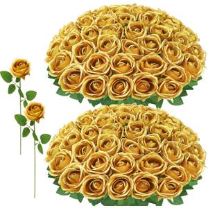 72 Pcs Artificial Roses Gold Fake Silk Roses Realistic Roses Faux Flower Indoor Wedding Home Decor, Birthday Decorations
