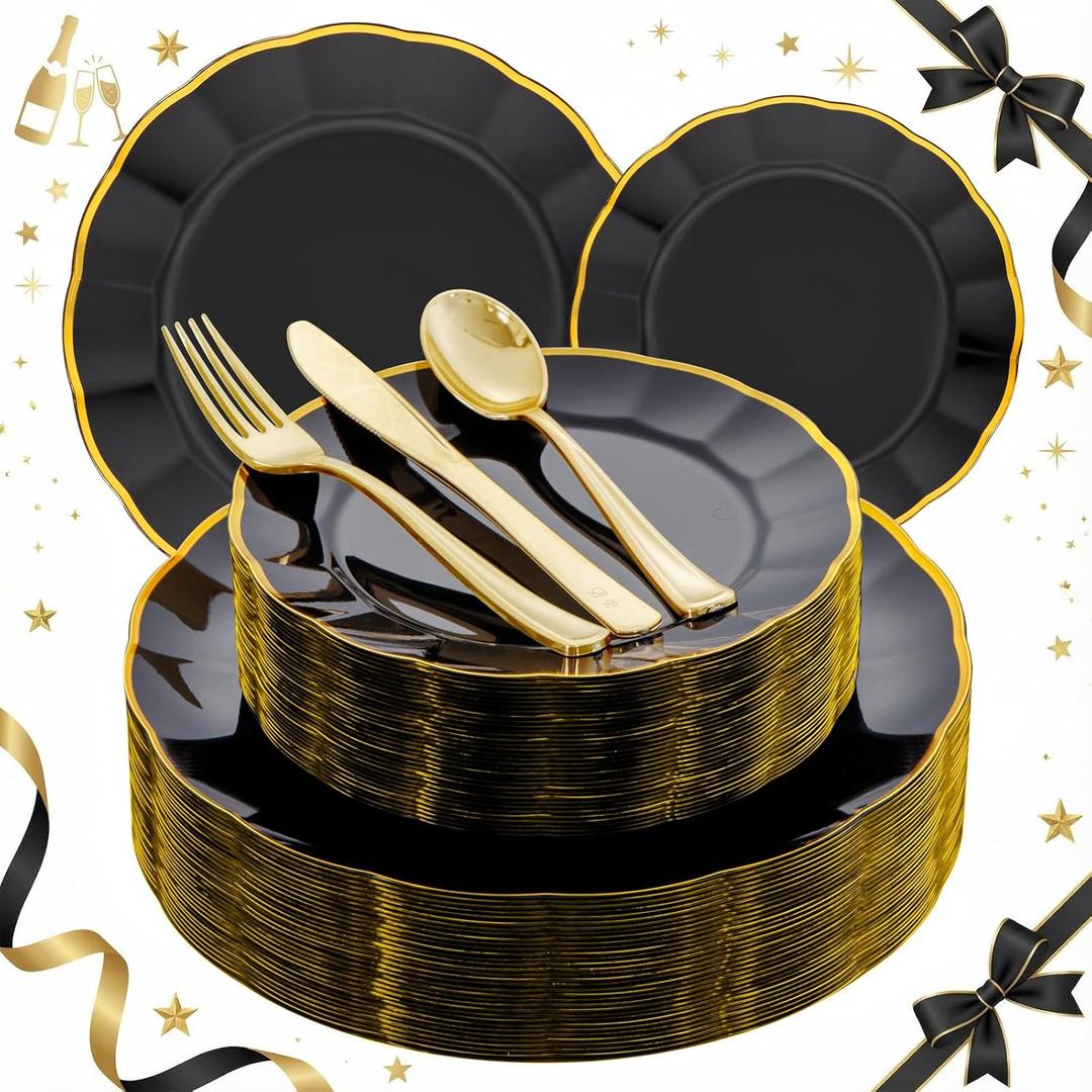 EI 150pcs Black Plastic Plates,Black and Gold Fancy Plate,Gold Plastic Silverware,Black and Gold Dinnerware Set,Premiun Heavy Duty Taleware,Perfect for Party,Wedding,Christmas,New Year