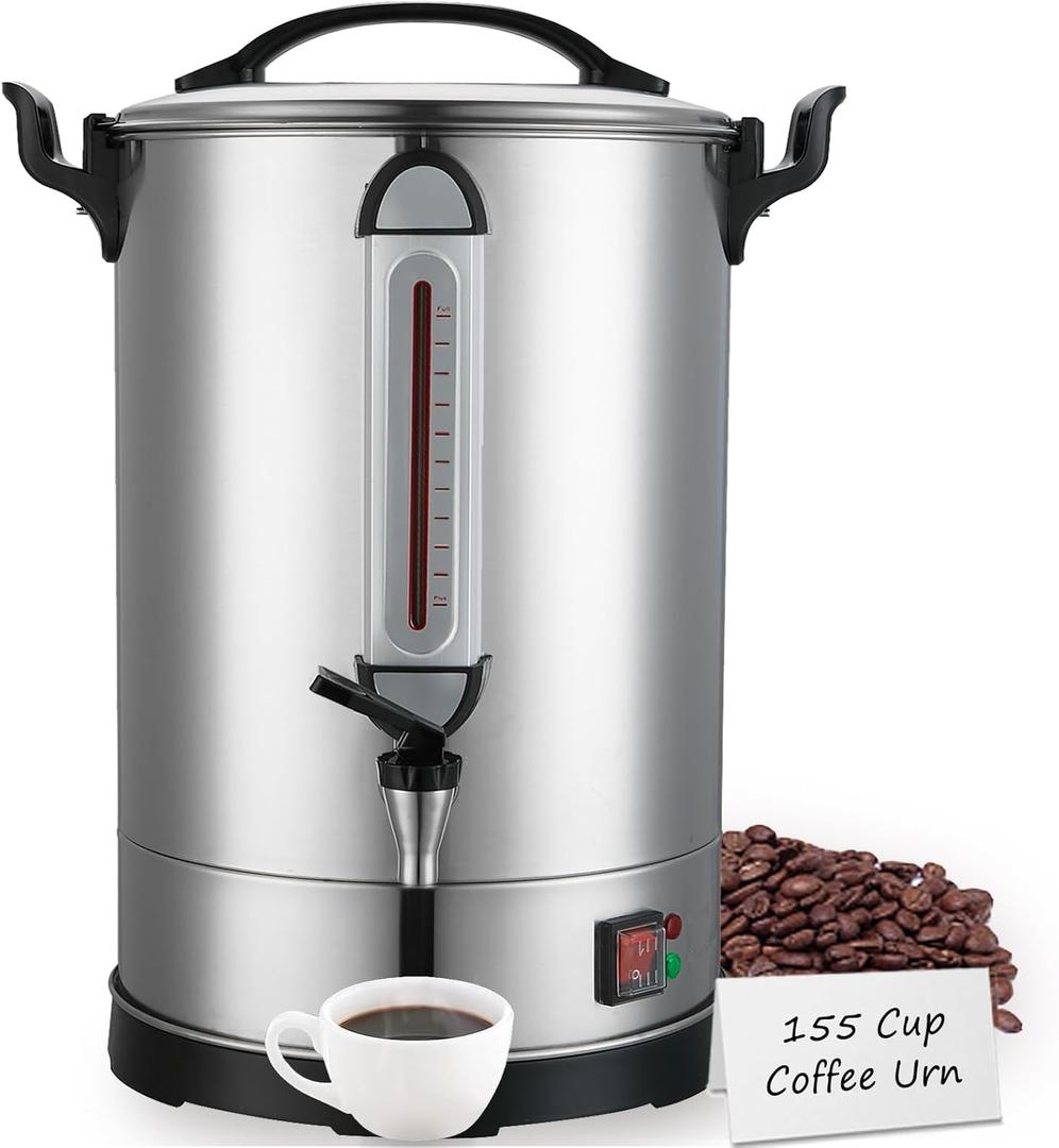 Coffee Percolator Large Coffee Maker 155 Cups Commercial Coffee Urn Electric Industrial Coffee Maker Hot Water Dispenser Machine for Catering, Church, Restaurant Dual Layer Stainless Steel 1500W 120V