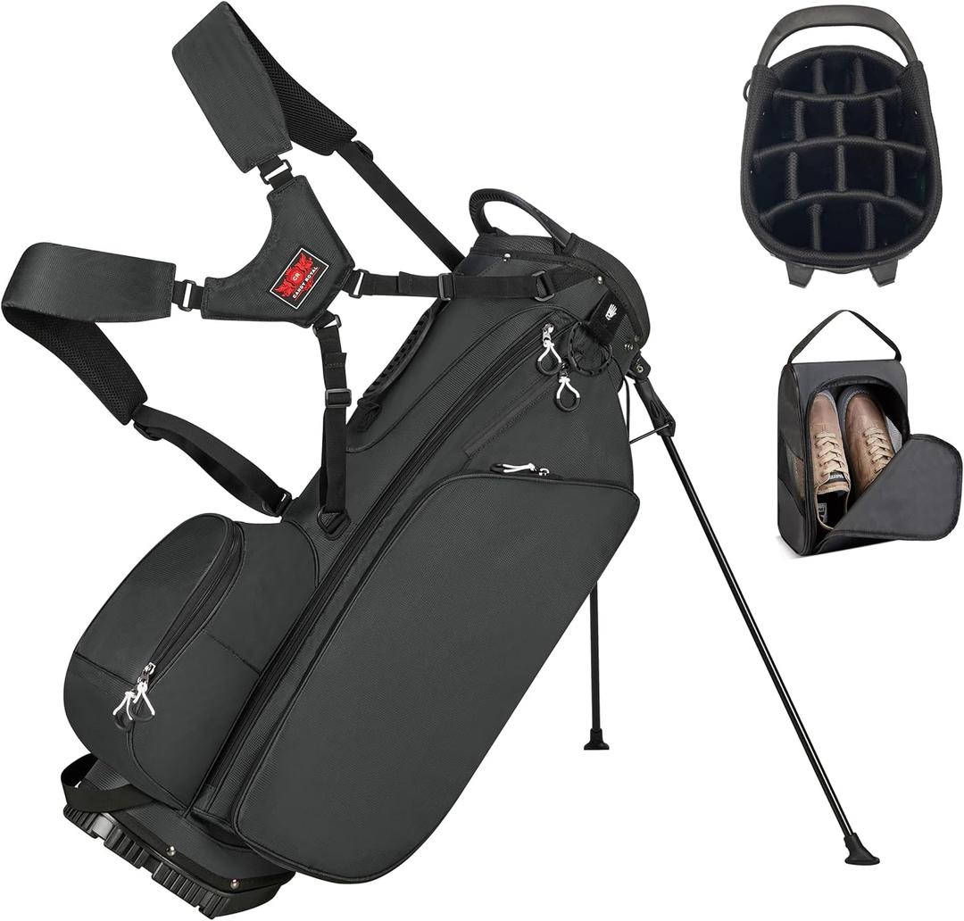 Lightweight Golf Stand Bag with 14 Way Full-Length Dividers, 7 Zippered Pockets and Rain Cover, with Handles and Dual Strap