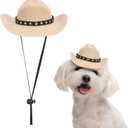 Dog Cowboy Hat, Mini Cowboy Hat for Pet with Chin Strap Adjustable Cosplay Cap, (Khaki, M), Intended for Dogs and Cats/Halloween Costume/Party Decoration