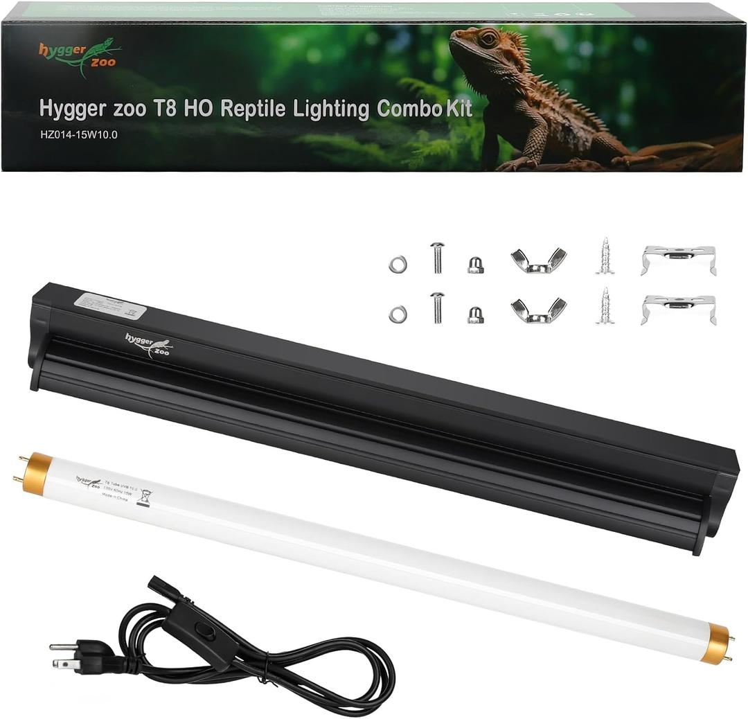 T8 UVB Reptile Light Fixture HO UVB Bulb Lighting Combo Kit, 10.0 UVB Light for Reptiles Terrarium Hood with 15W Reptile Light Bar UVA UVB Desert Lamp for Bearded Dragon Turtle Tank, 18Inch