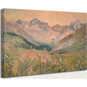 Vintage Mountains Canvas Wall Art Wildflowers Field Abstract landscape painting Picture Wall Decor Poster Print Artwork for Bedroom Living Room Home Decoration