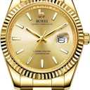 BUREI Mens Watches Luxury Stainless Steel Analog Quartz Waterproof Wristwatch Sapphire Crystal Dial with Calendar Display,Gift for Men (Gold)