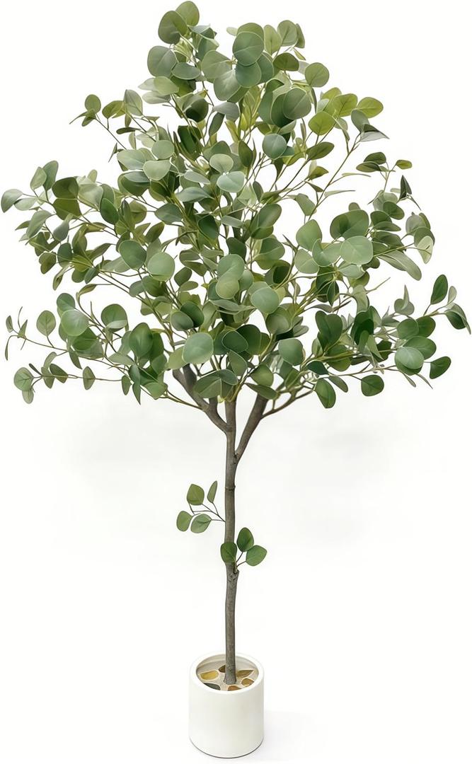 6FT Artificial Eucalyptus Tree, Lifelike Fake Plant Silver Dollar Silk Leaves & Real Touch Texture with Adjustable Branches for Home Office Indoor Decor for Housewarming Gift(Green Stems)