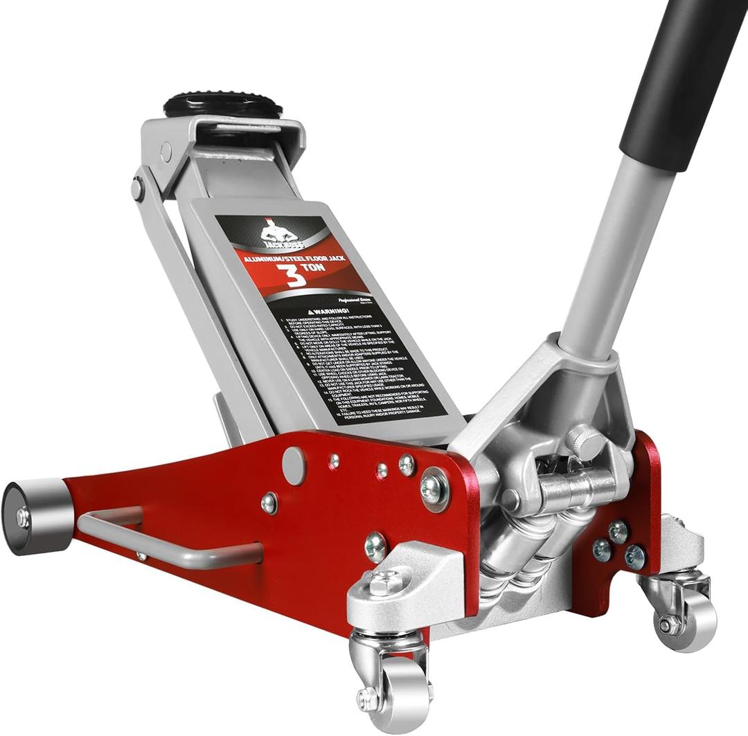 Jack Boss 3 Ton Low Profile, Aluminum and Steel Racing Floor Jack with Dual Pistons Quick Lift Pump for Sport Utility Vehicle, Lifting Range 3-15/16" min to 18-5/16" max, Net Weight 58.5 lb, Red