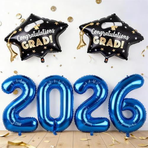 2026 Graduation Cap Balloons, Black Grad Hat Foil Balloon Congrats Grad Decorations Balloon 40 Inch Blue Mylar 2026 Balloons for High School College Class of 2026 Congratulations Party Decoration