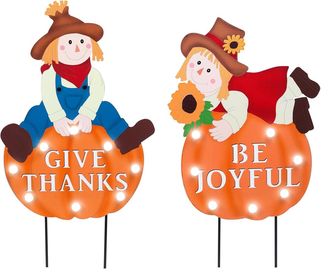 Bshine Fall Scarecrow Outdoor Decor Home, Harvest Fall Decor 2 Pack Scarecrow Metal Garden Stakes with LED Lights, Fall Yard Sign Thanksgiving Decorations for Porch, Lawn, Patio, Pathway