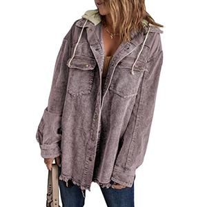 Dokotoo Womens Winter Fall 2025 Coats Long Sleeve Flannel Shirts Button Down Contrast Color Block Oversized Fashion Casual Hooded Corduroy Pocketed Shacket Jacket Women Purple Small
