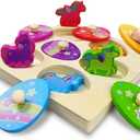 Pinkiwine Unicorn Wooden Peg Puzzles Montessori Educational Toys for Kids Toddlers Easter Basket Stuffers Gifts Unicorn Party Favors