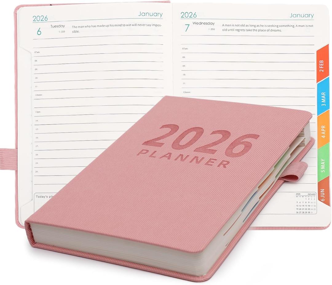 Picoway 2026 Planner A5 400 Pages - Weekly and Monthly Daily Calendar with Thick Paper, One Full Page Per Day Planners from Jan. 2026 - Dec. 2026, Hardcover Notebook 8.3" x 5.7" (Pink)