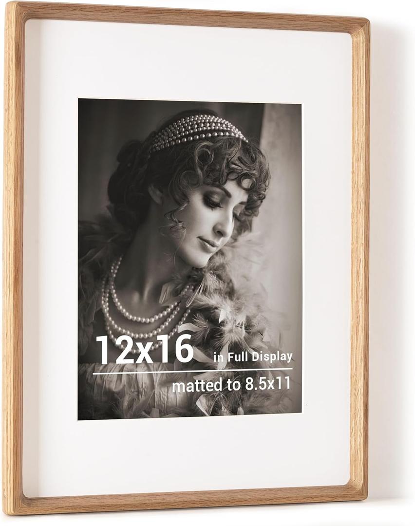 12x16 Picture Frame, USA-Sourced Oak Wood Photo Frames with HD Tempered Glass, Handcrafted Rounded Corner 12 x 16 Wooden Frames Matted to 8.5x11 Photos, Horizontal or Vertical Wall Display