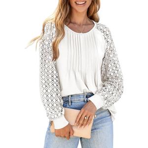 EVALESS Womens Long Sleeve Shirts Lace Tops Business Casual Spring Fashion Outfits Clothes (White)