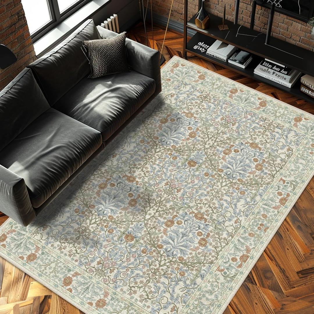 4x6 Area Rug for Bedroom Beside Rug, Laundry Room, Entryway, Kitchen, Washable Non-Slip Low Pile Ultra Soft Stain Resistant Carpet (Beige Blue)