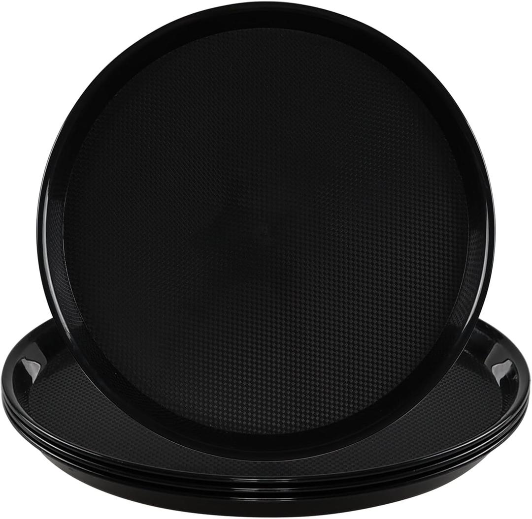 Restaurant Non-Slip Tray, Plastic Round Tray, Food Meals Serving Tray with Raised Edges, Set of 4