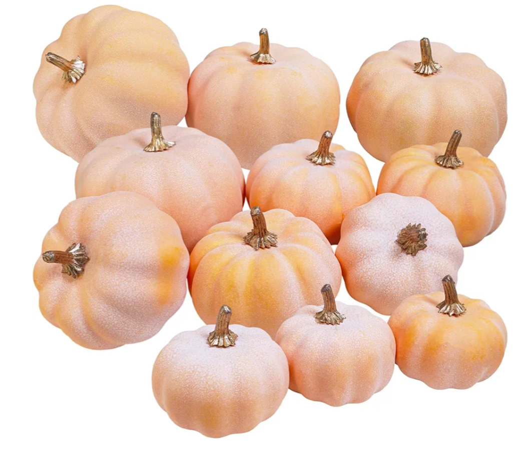 Winlyn 12 Pcs Harvest Orange Artificial Pumpkins Fall Faux Pumpkins Light Orange, Pink, White, Decorative Pumpkins Fake Foam Pumpkins for Thanksgiving Party Halloween Autumn Wedding Centerpiece Table Wreath Décor