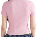 Women Y2K Crop Tops Short Sleeve Ribbed Knit Shirts Cute Bow Embroidery Tee Shirts Teen Girls Slim Fitted Baby Tees (Large, Pink)