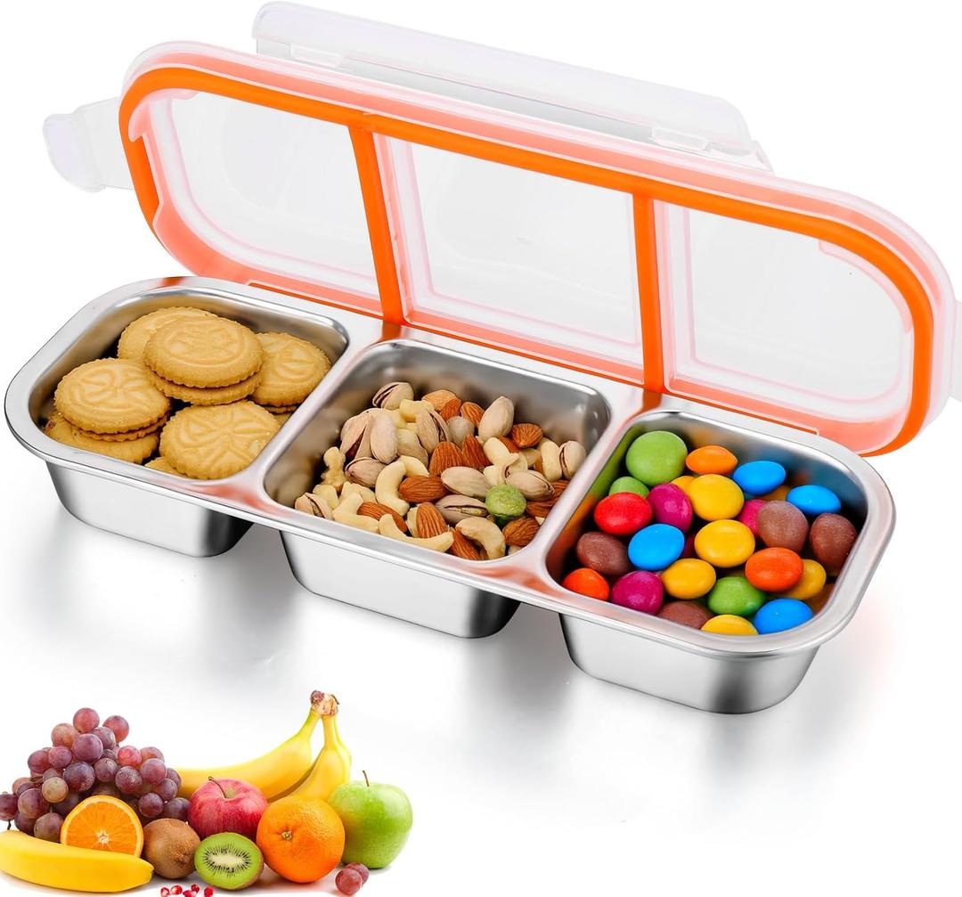 AIERSA 3Pcs Stainless Steel Snack Containers with Lids, Metal Snack Containers, 3 Compartment Food Container, Reusable Snack Container Stainless Steel