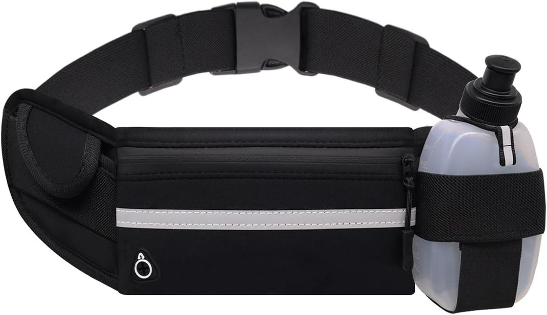 Running Belt with Water Bottle Holder, Black Fanny Pack for Men Women Kids Fit Hydration Hiking Waist Pack Runners Workout GYM Walking Sports Travel, Slim Waist Bag for Phone Keys Carry Pouch