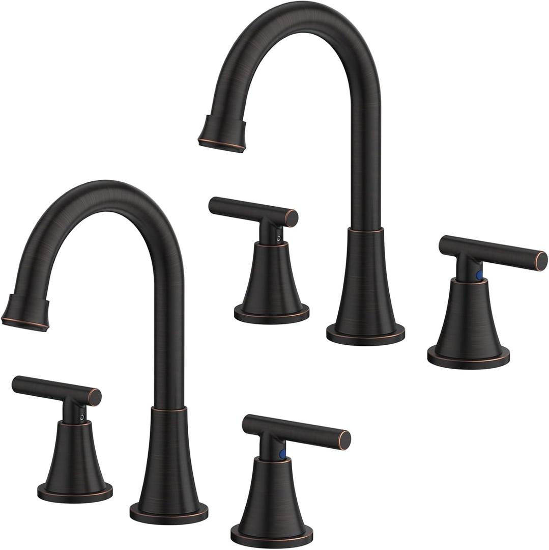 Bathroom Faucets for Sink 3 Hole, Hurran Oil Rubbed Bronze Bathroom Sink Faucet with Pop-up Drain and Supply Lines, Stainless Steel Lead-Free Widespread Faucet for Vanity RV, 2 Pack (8 inch, 2 Pack)