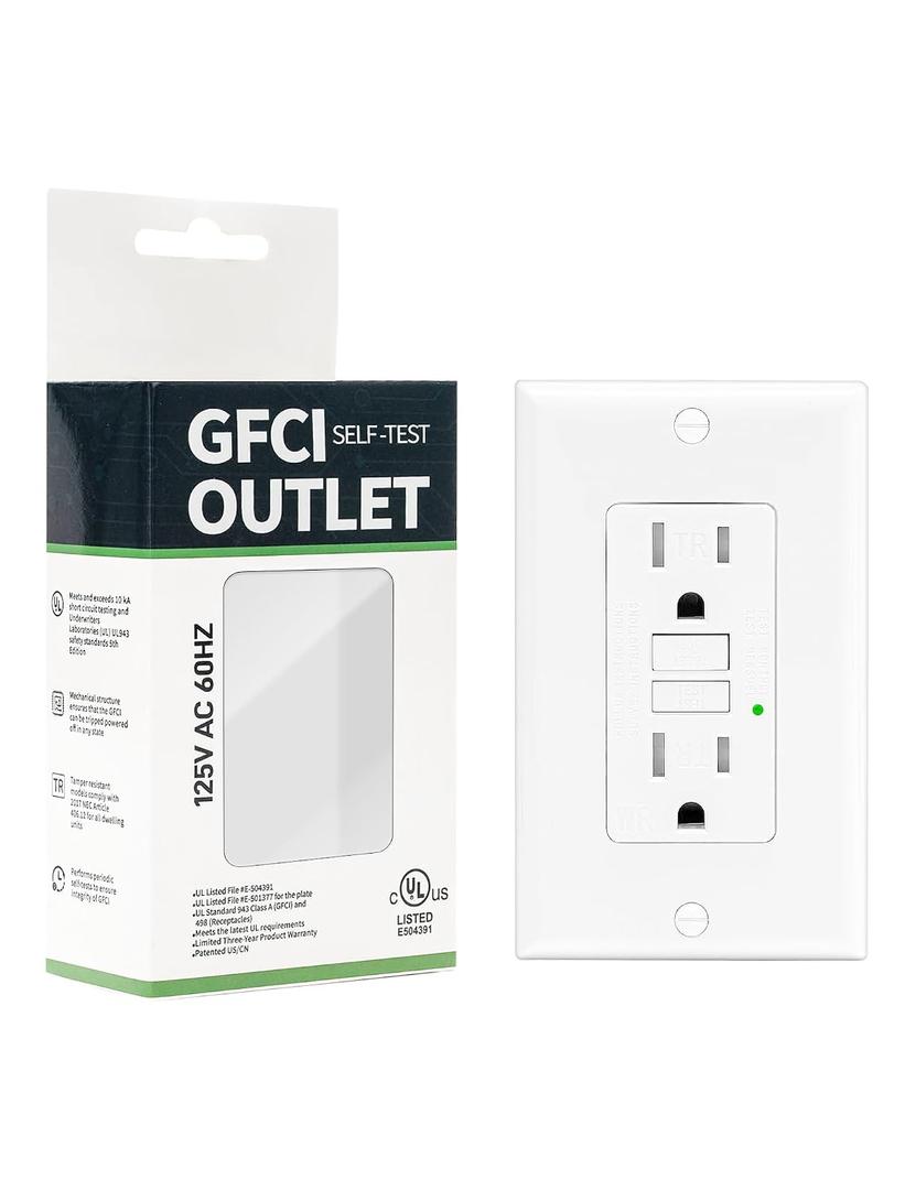 1-Pack 15 Amp GFI Electrical GFCI Outlet Self-Test Tamper Resistant (TR) Weather Resistant (WR) Ground Fault Receptacle with LED Indicator UL Listed Standard Wall Plate Included White