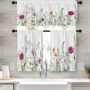 Emvency Spring Flower Kitchen Window Curtains Valance and Tier Set 36 Inch, Pink and Purple Floral Summer 3 Piece Set Short Curtains for Window Treatment Tiers for Living Room Bedroom