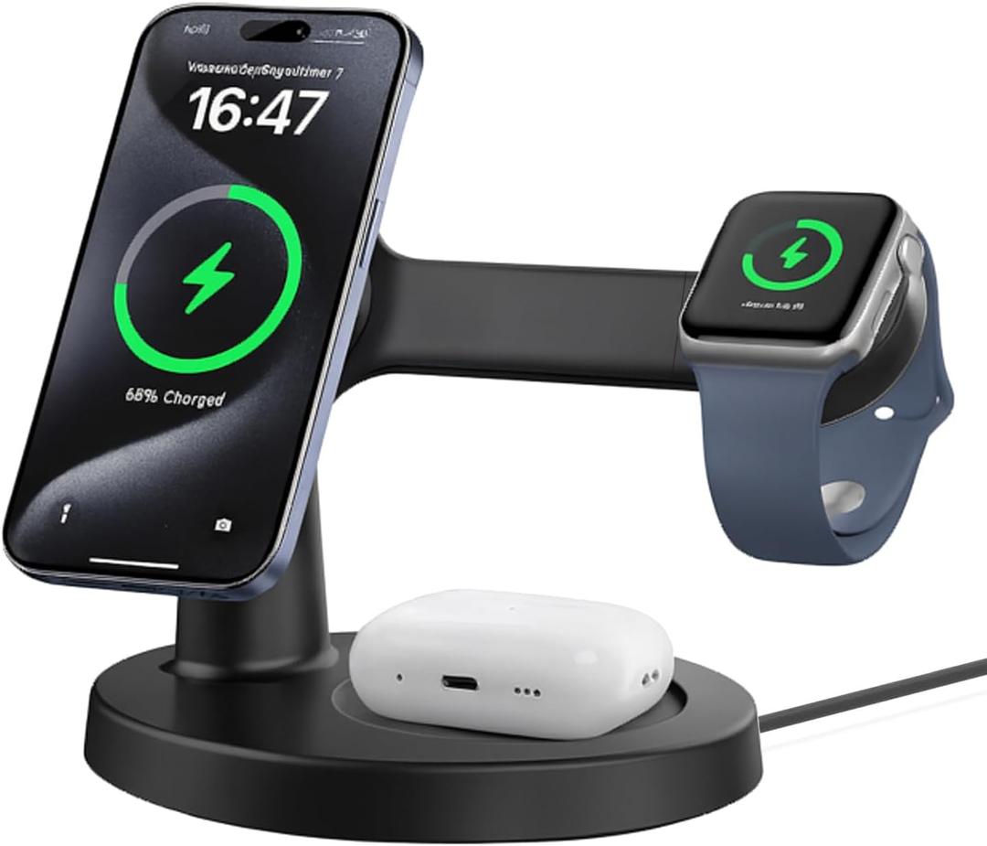 3 in 1 Magnetic Wireless Charging Station for Apple, 15W Fast Wireless MagSafe Charger Stand for iPhone 17–12 Series, Apple Watch & AirPods, Strong Magnetic Snap, Stable Nightstand Desk Charger