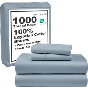 LANE LINEN 100% Egyptian Cotton Queen Sheet Set, 16 inch Deep Pocket Fully Elasticized French Reinforced Pocket Seams for Soft, Comfy & Fresh Bed Eco Friendly Cooling Sheets Queen -Blue (22. Sky Blue)